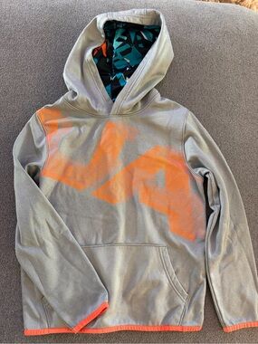 Boys Under Armour Gray Hoodie with Orange Graphic and Lined Hood Size Youth M